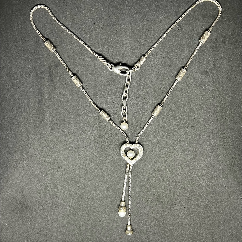 *RETIRED* Brighton Heart Faux Pearl Silver Necklace 16" - 18"